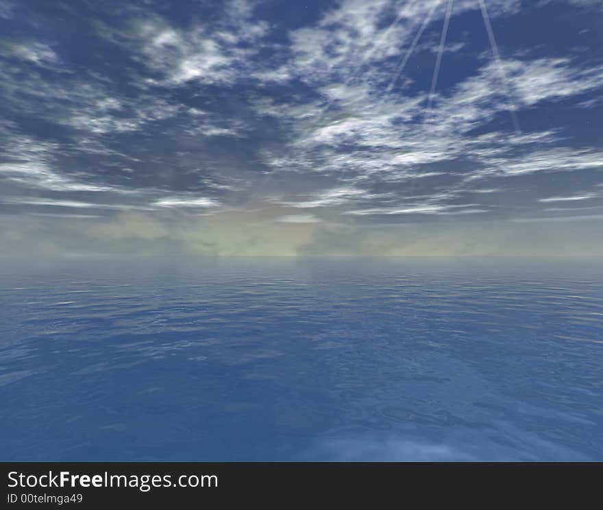 Digital artwork of the ocean,sky and clouds with sun ray. Digital artwork of the ocean,sky and clouds with sun ray