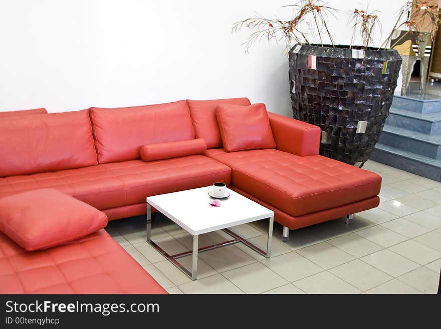 Fashionable interior with a red leather sofa.