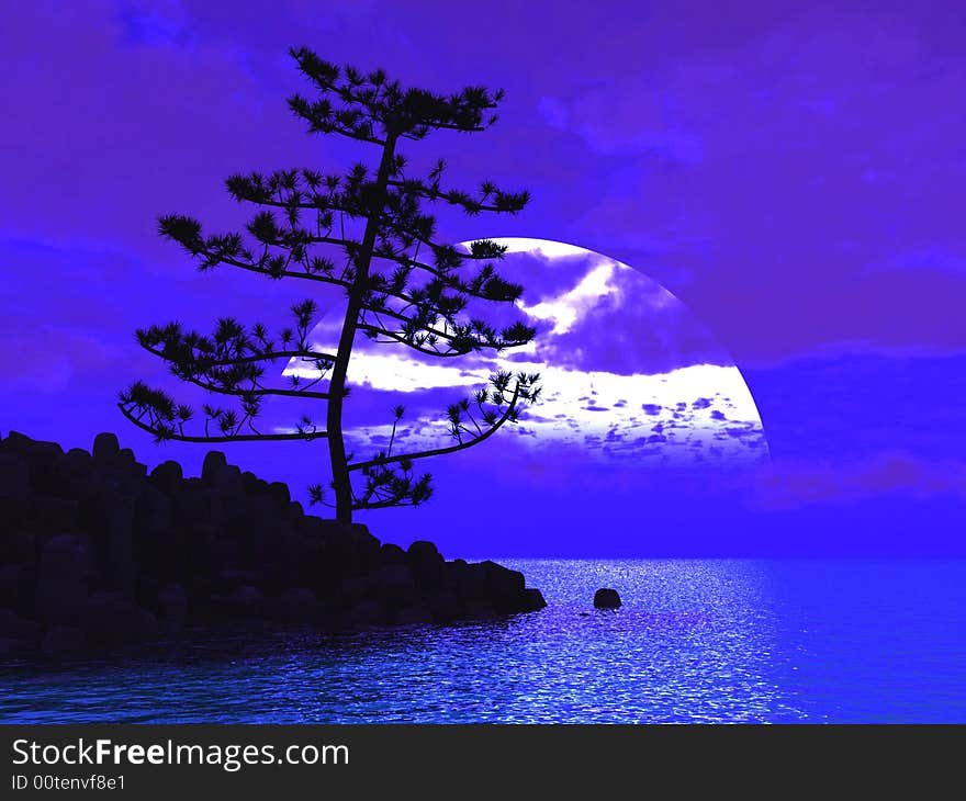 Pine tree at sea coast - 3d illustration.