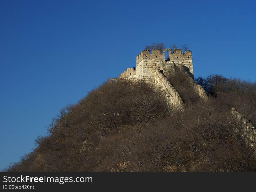 Dilapidated,the Great Wall,blue sky,tree,mountain. Dilapidated,the Great Wall,blue sky,tree,mountain