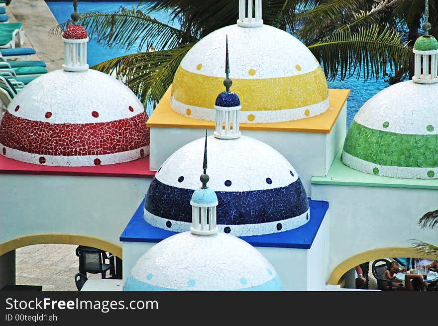 A beautiful swimming pool bar ,yellow, red, blue, green domes. A beautiful swimming pool bar ,yellow, red, blue, green domes