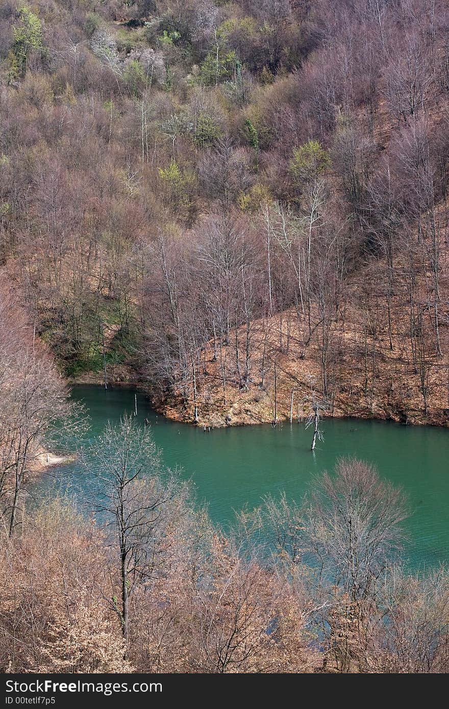 Green water lake seen from the hill