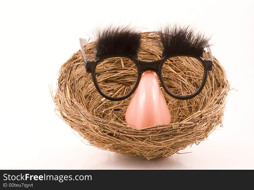 A set of mystery glasses complete with eybrows and nose rests over an empty birds nest. A set of mystery glasses complete with eybrows and nose rests over an empty birds nest.