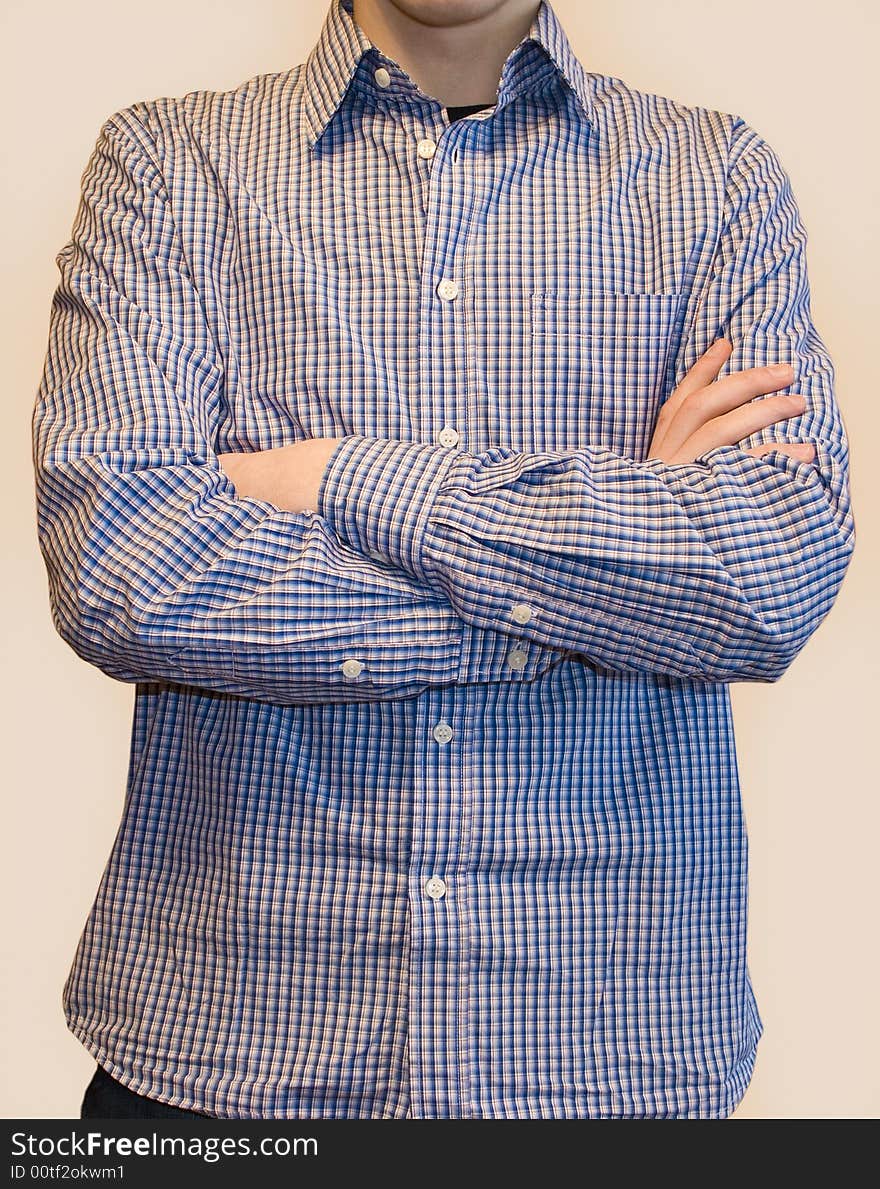 Man try on shirt and tie on white background