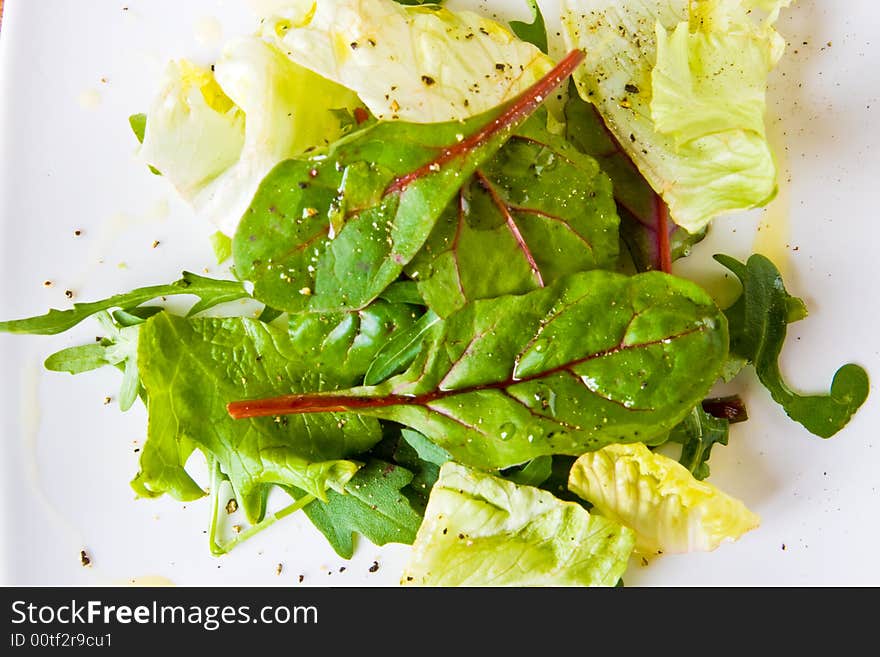 Green salad leaves with pepper and olive oil on a white plate