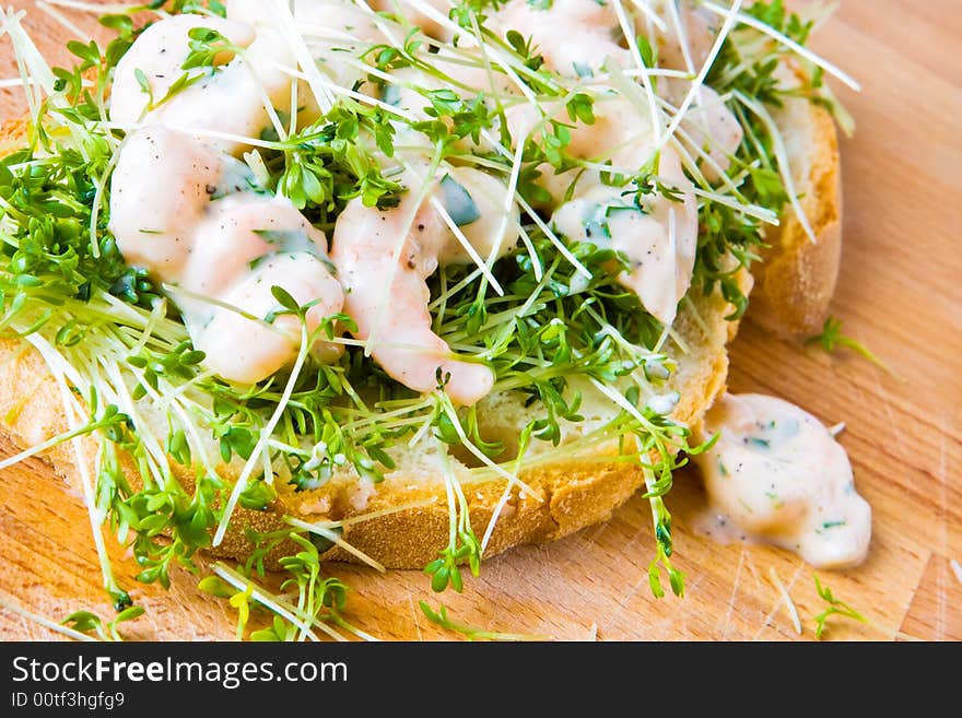 Prawn and cress open sandwich