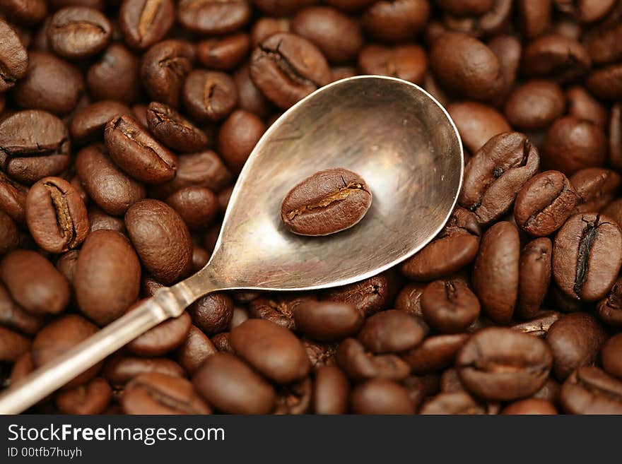 Grain of coffee in the small spoon