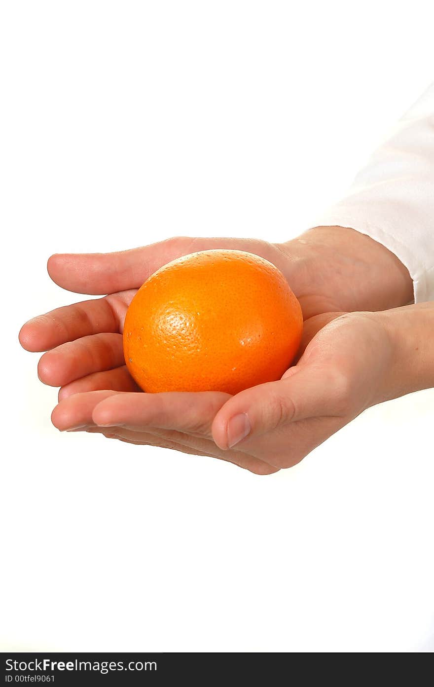 Orange in hand isolated background