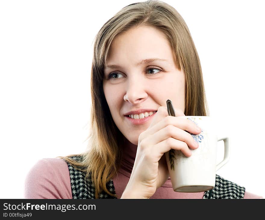 Girl with cup on white background