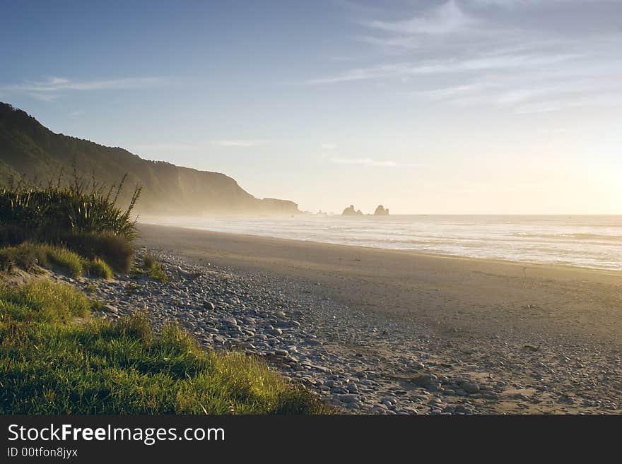 Evening on a beach on the West Coast of the South Island, New Zealand. Evening on a beach on the West Coast of the South Island, New Zealand