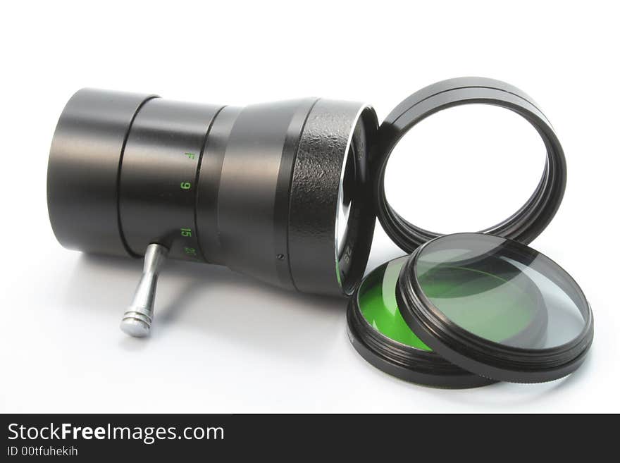 Objective and lenses on a white background