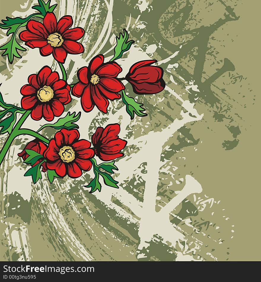 Floral background with a bunch of red flowers and grunge details, vector illustration. Floral background with a bunch of red flowers and grunge details, vector illustration.