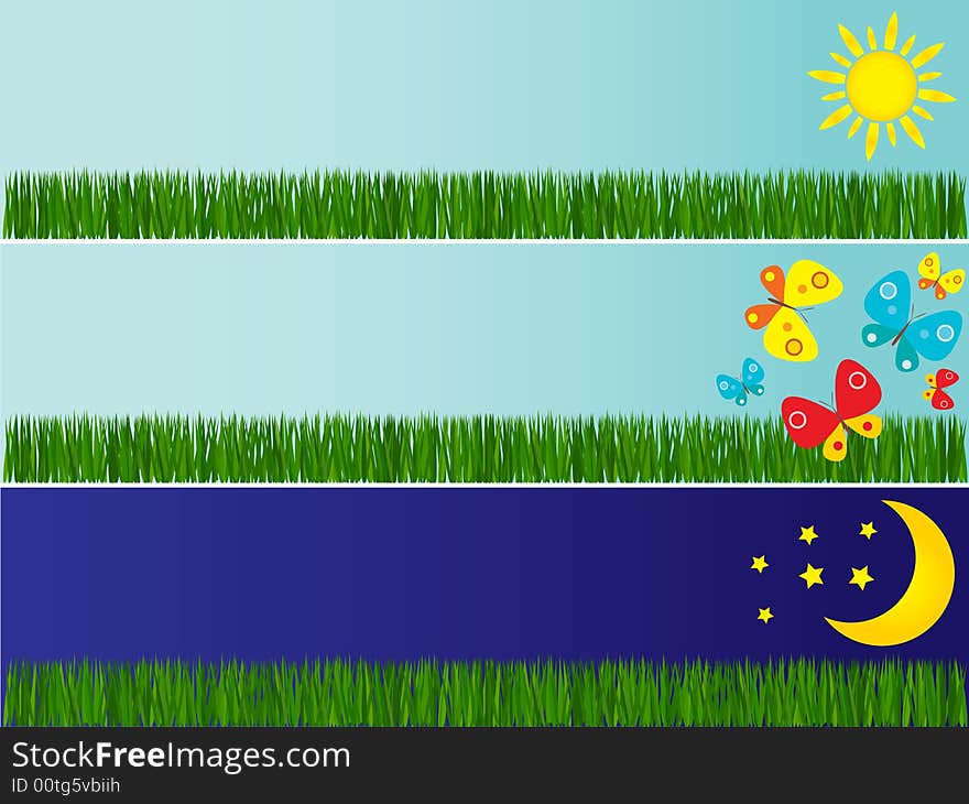 Three banners with grass, sun, moon and butterfly