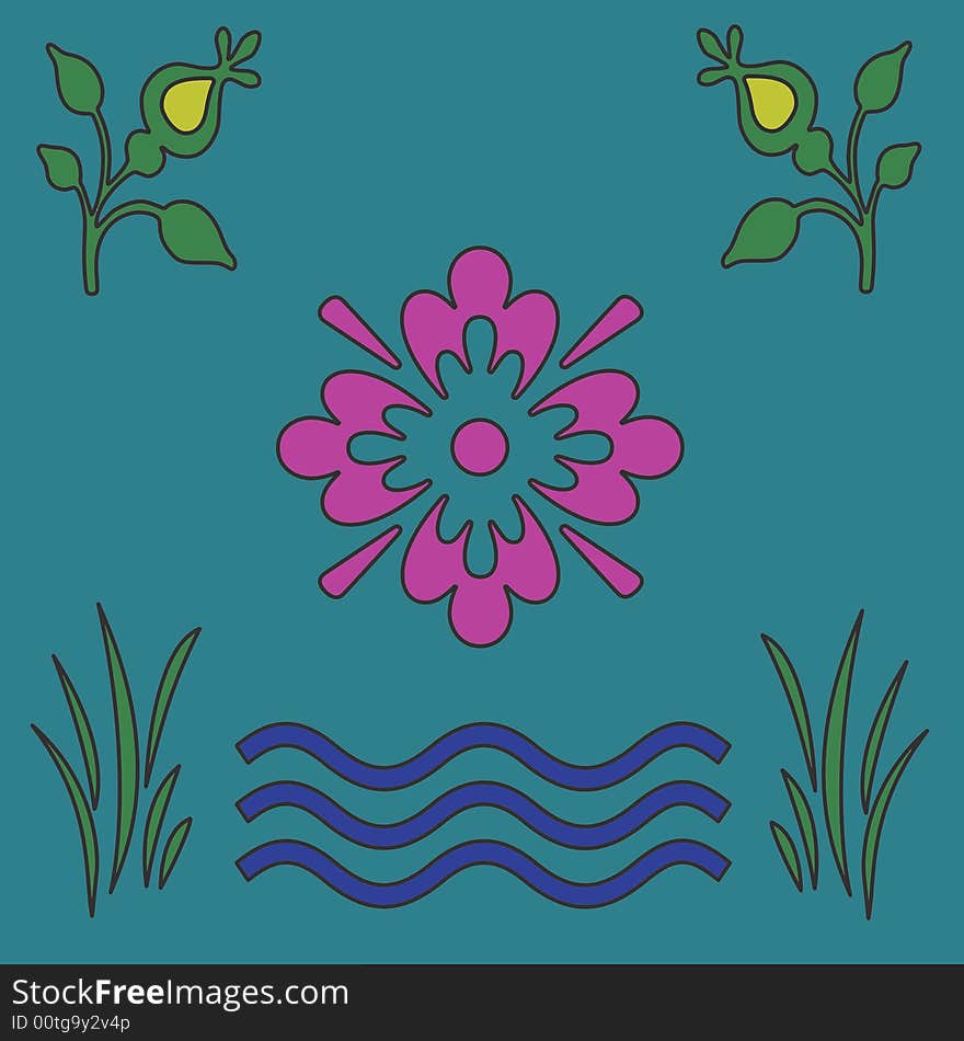 Leaves, water and flower on the blue background. Leaves, water and flower on the blue background