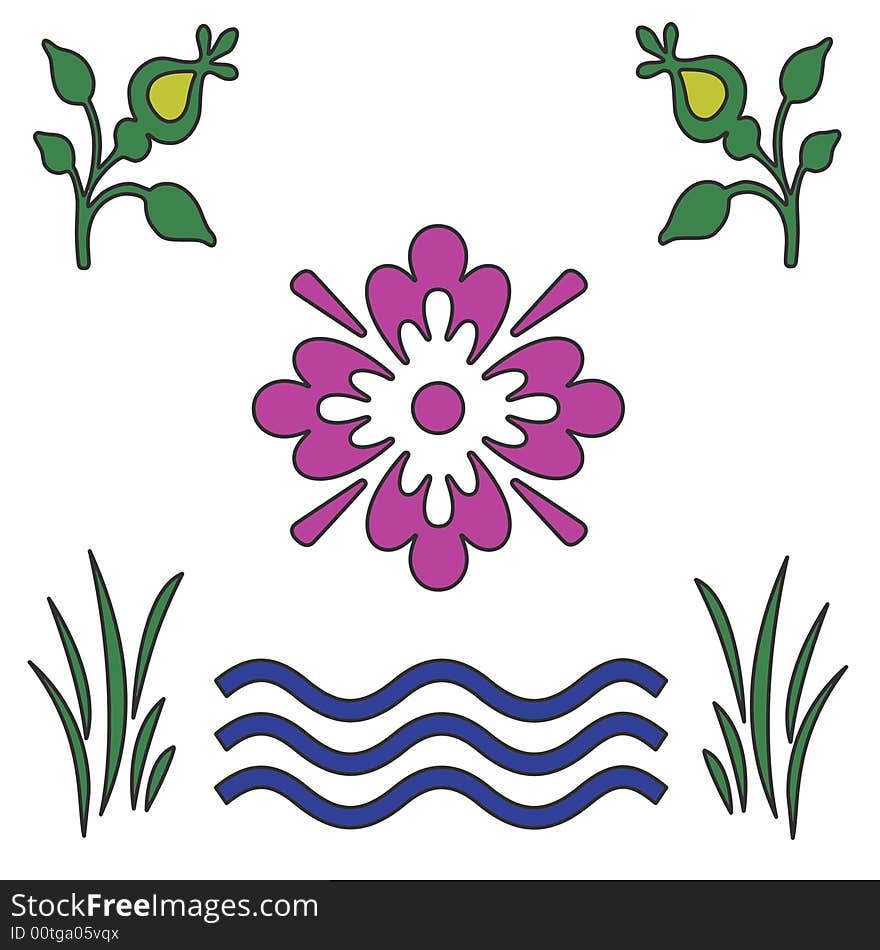 Leaves, water and flower on the white background. Leaves, water and flower on the white background