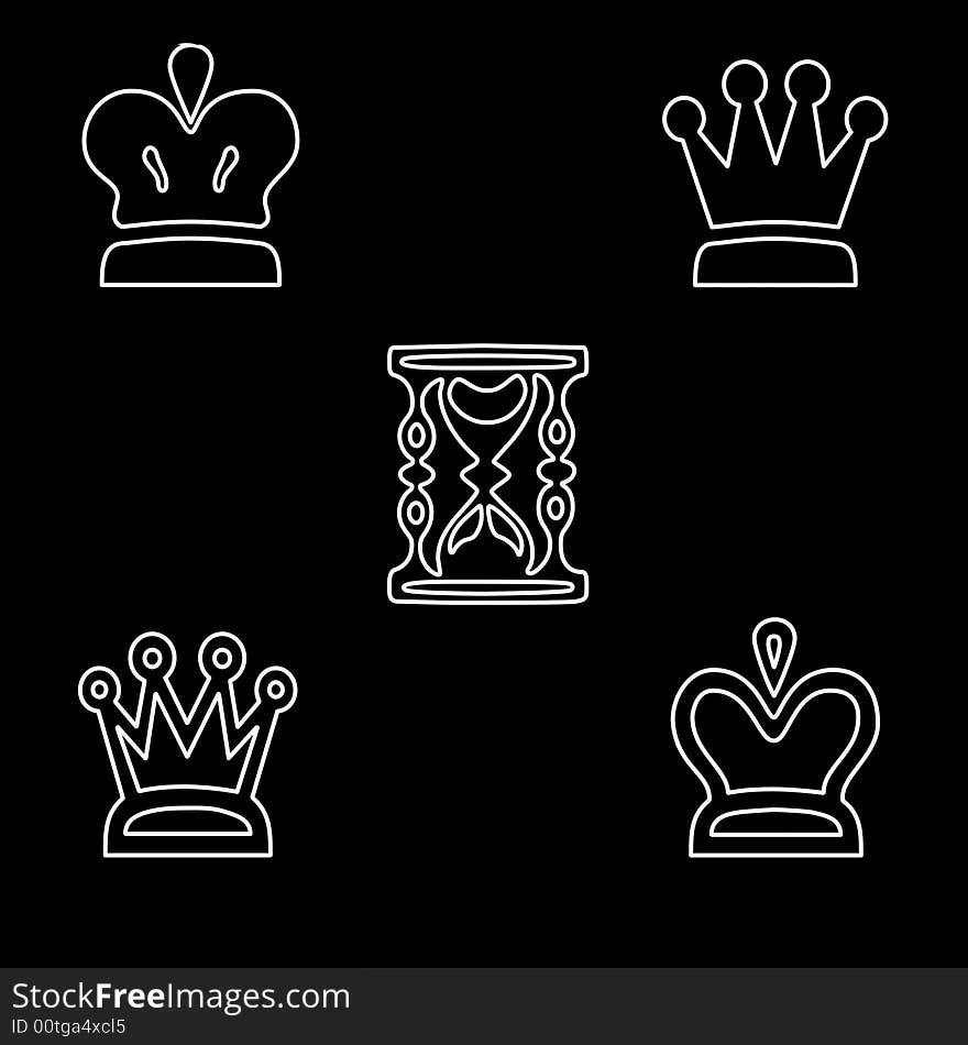 Abstract illustration - chess and sand-glass on the black background