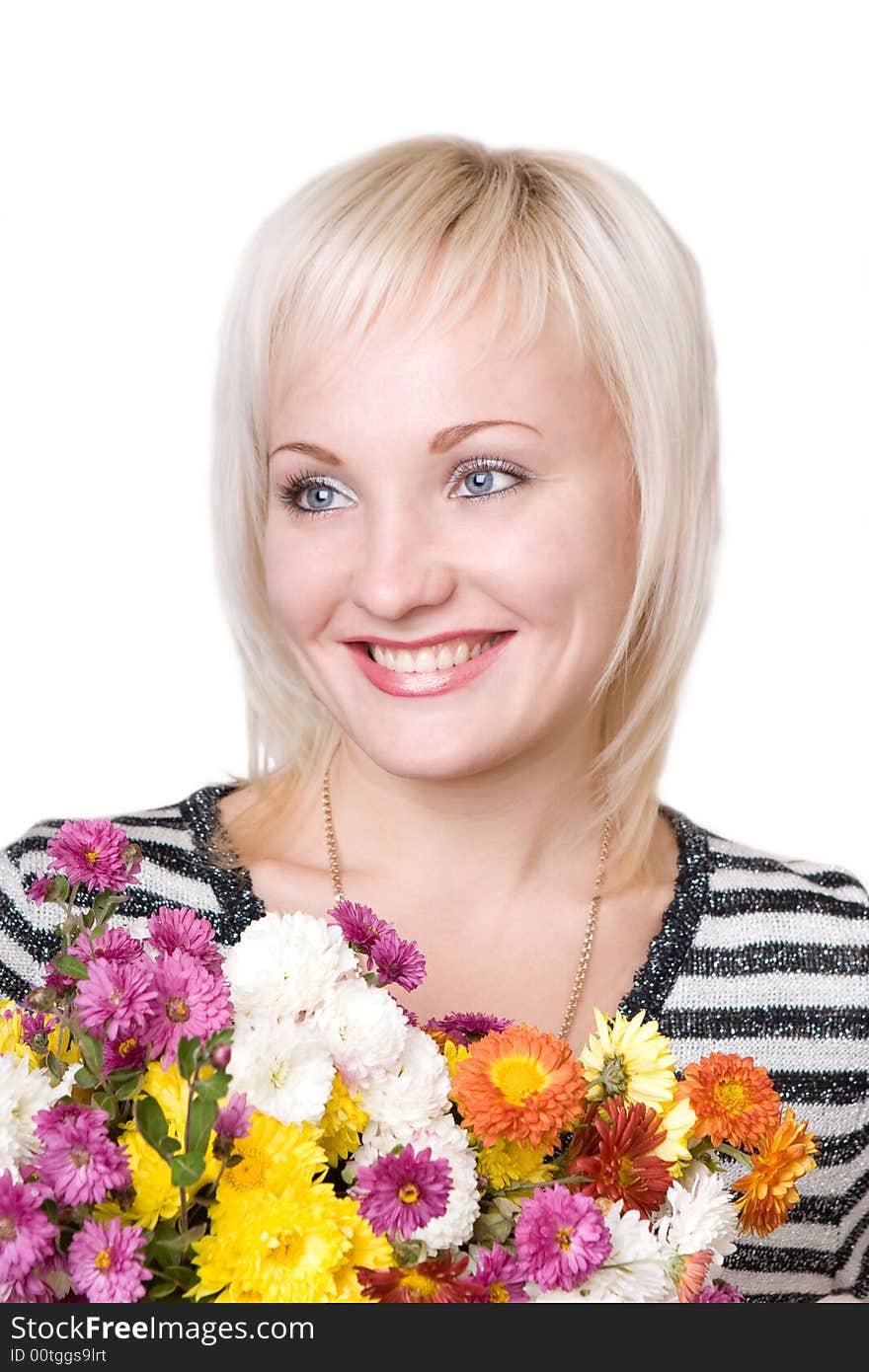 Portrait of the smiling blond girl with flower bouquet. Portrait of the smiling blond girl with flower bouquet