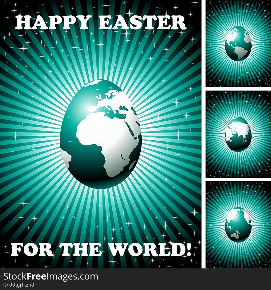 Easter greeting card with globe egg on shining background (four version)