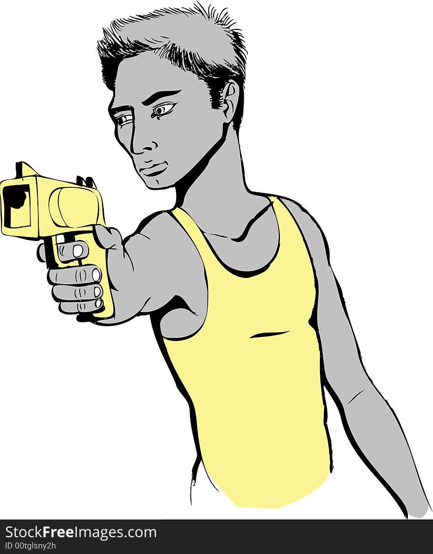 Man with yellow undershirt pointing is gun. Man with yellow undershirt pointing is gun