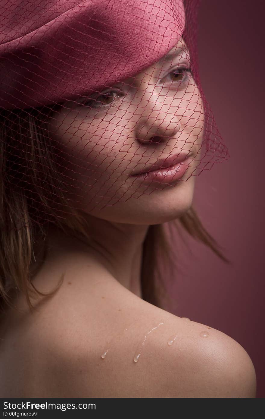 Soft portrait of beautiful elegant model in hat with veil in pink color. Soft portrait of beautiful elegant model in hat with veil in pink color