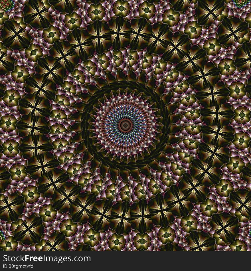 Abstract fractal image resembling a busy optical illusion kaleidoscope