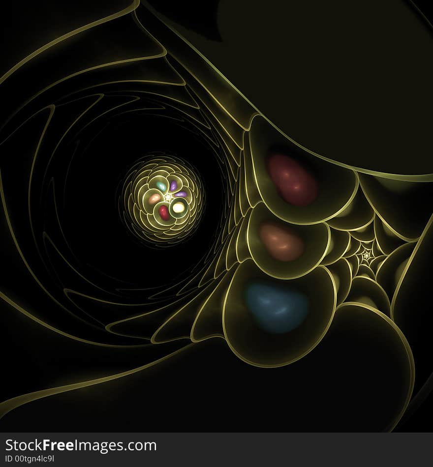 Abstract fractal image resembling treasured objects in a brass container. Abstract fractal image resembling treasured objects in a brass container