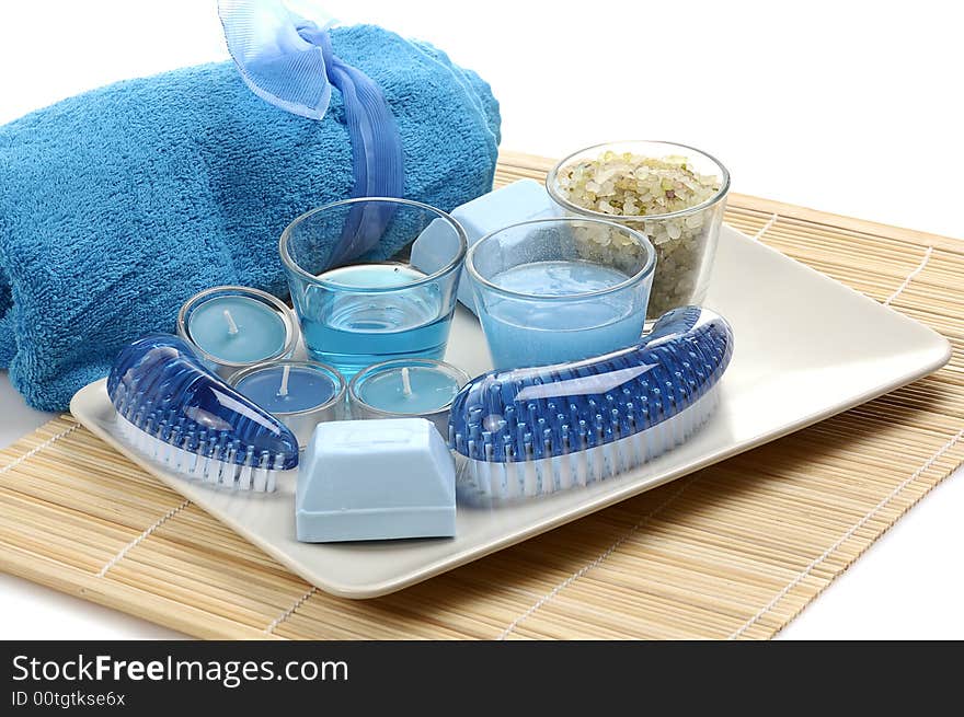 Bath towel, aromatic candles, salt, soap, gel for spa. Bath towel, aromatic candles, salt, soap, gel for spa