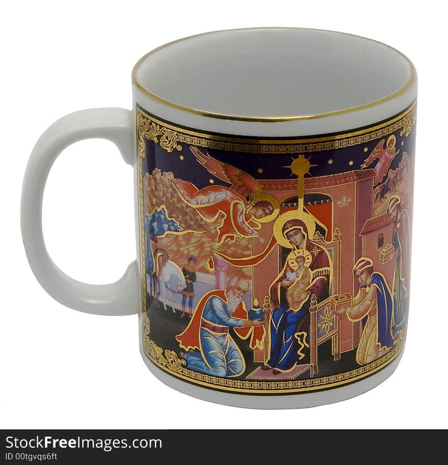 Mug With Bible Figure On A White Background. Photo