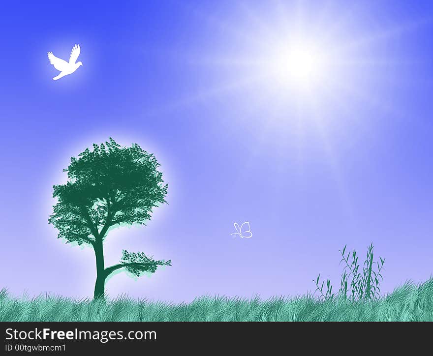 Spring landscape with sun, tree and animals