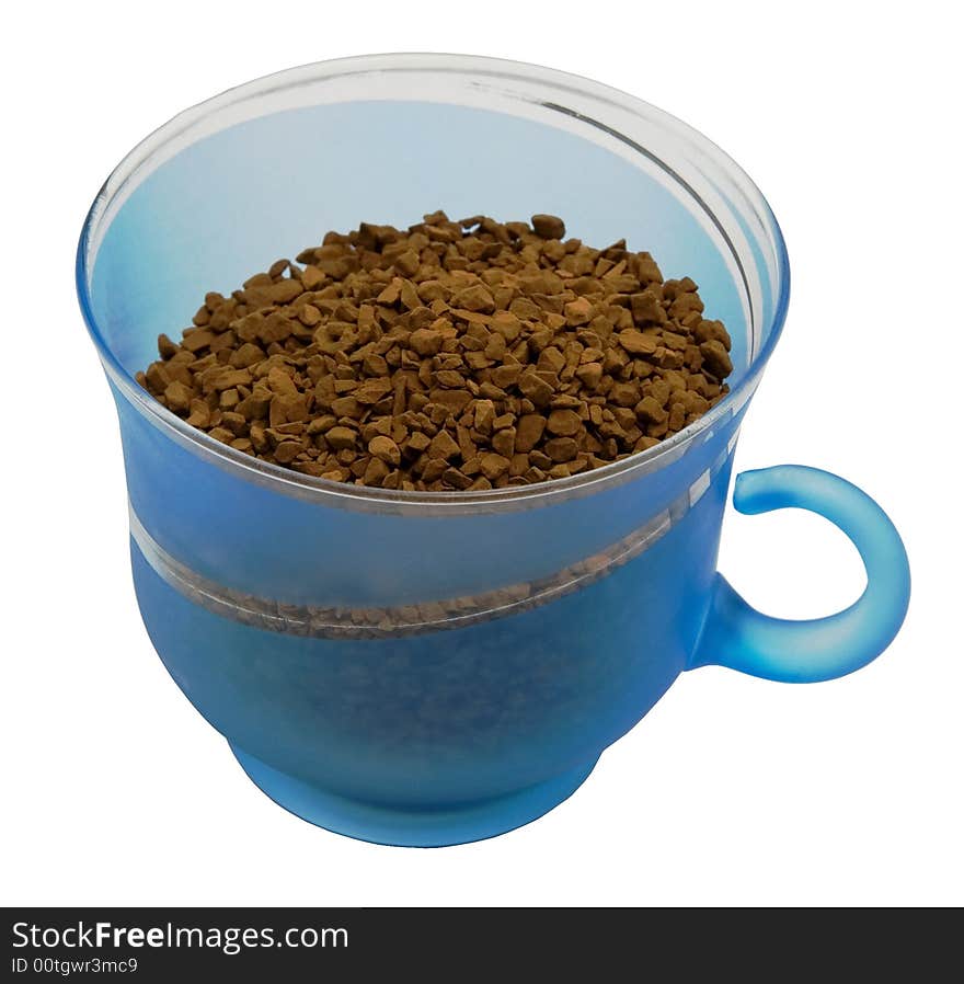 Blue mug from coffee on a white background. Photo.