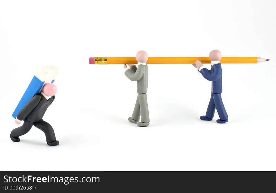 Plasticine human figures humorously handling office objects on white background. Plasticine human figures humorously handling office objects on white background