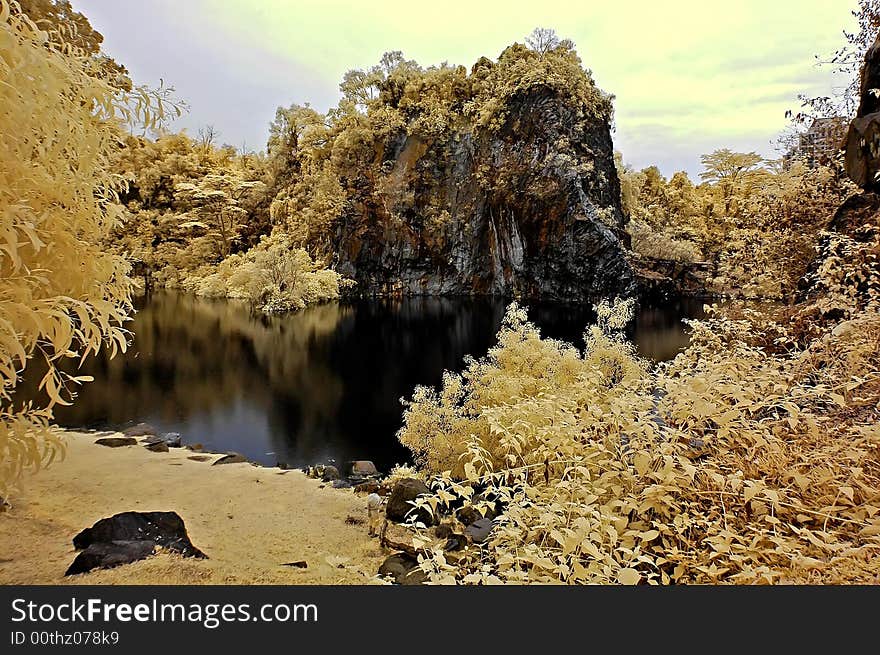 Infrared Photo â€“ Lake, Rock, Reflection And Tree