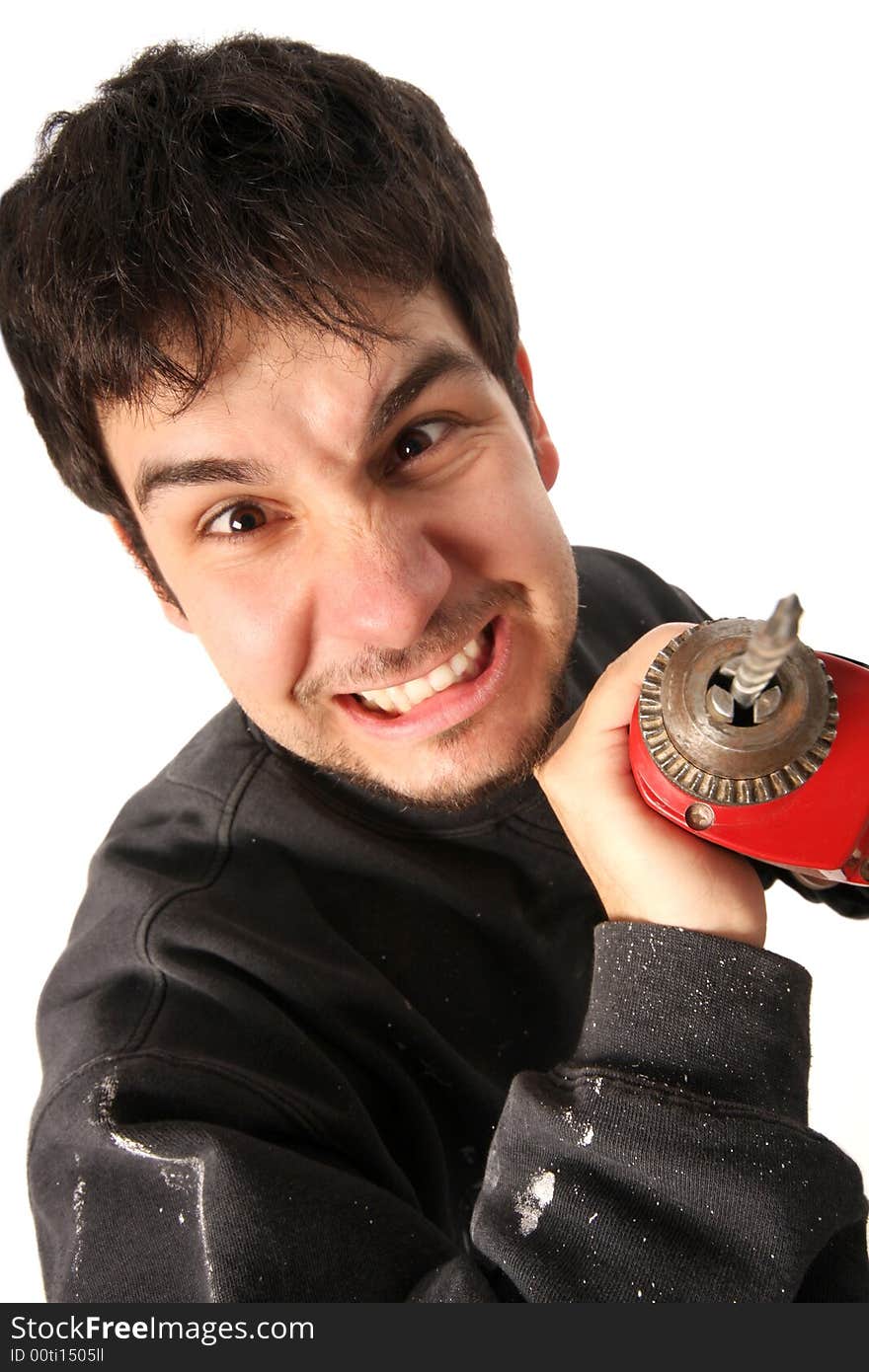 Mad craftsman with borer on white background