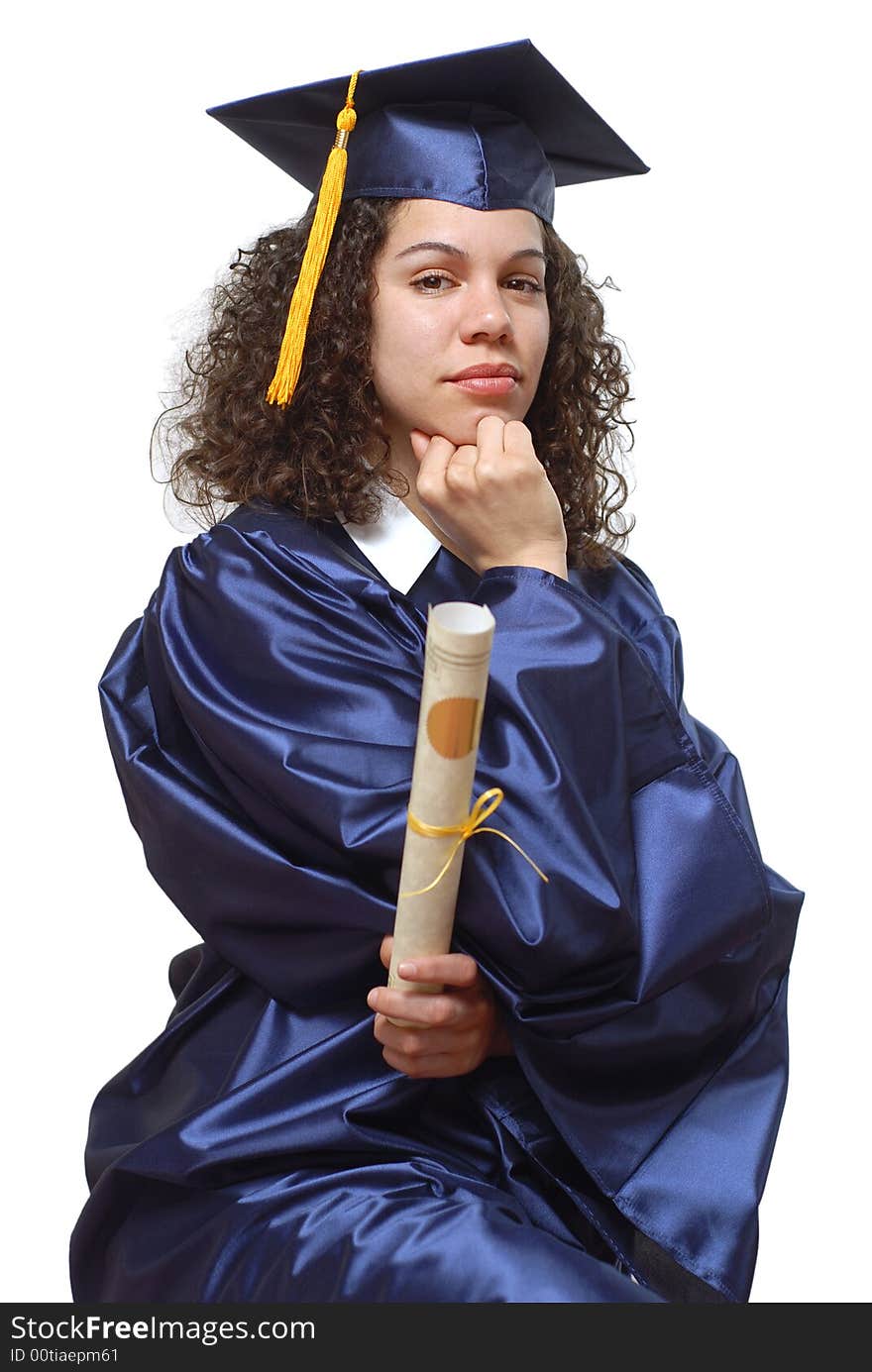 Young woman thinking on her graduation day. Young woman thinking on her graduation day