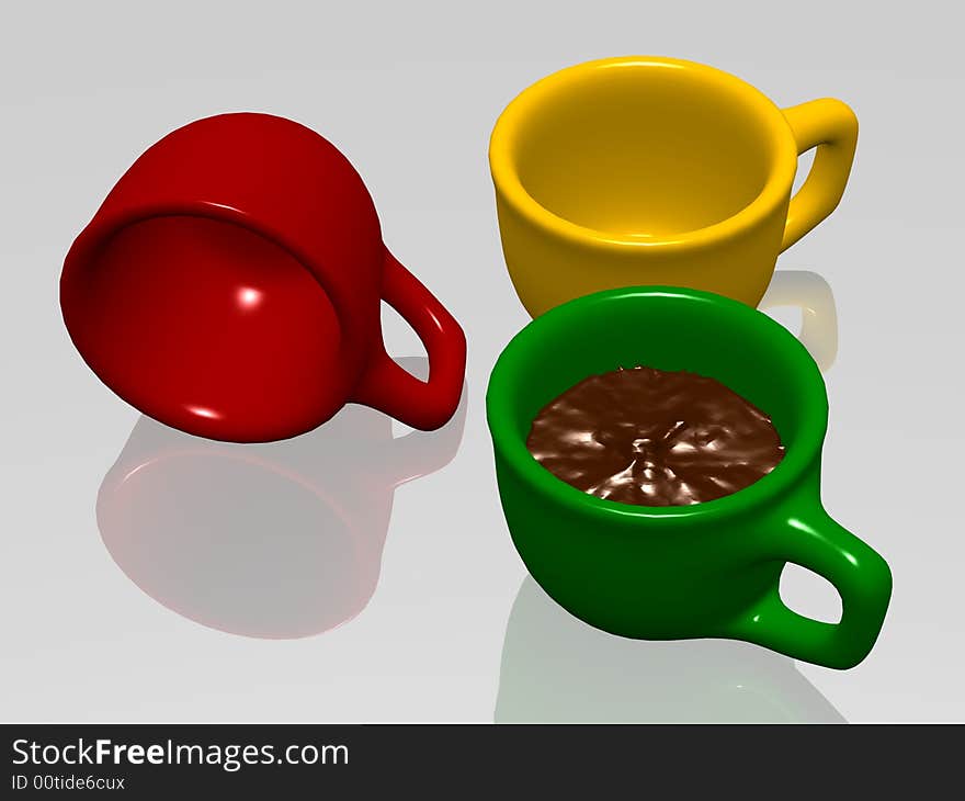 Three color cups on a table from coffee