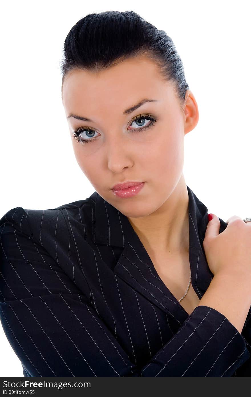 Portrait of the brunette with blue eye on white background