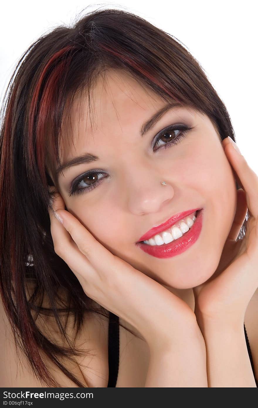 Portrait of the brunette on white background