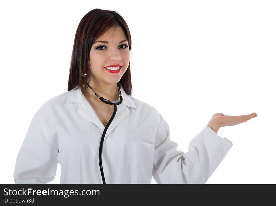 Young doctor with stethoscope on white background