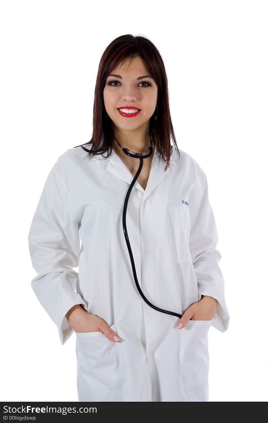 Young doctor with stethoscope on white background