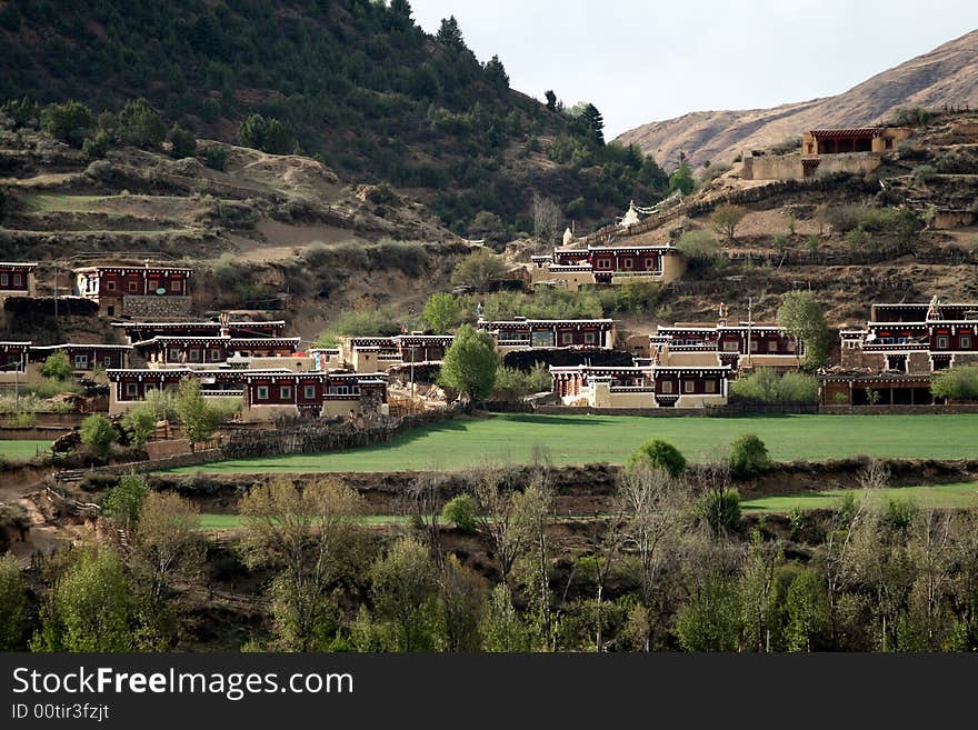 Tibetan village in the valley, unique style of the houses