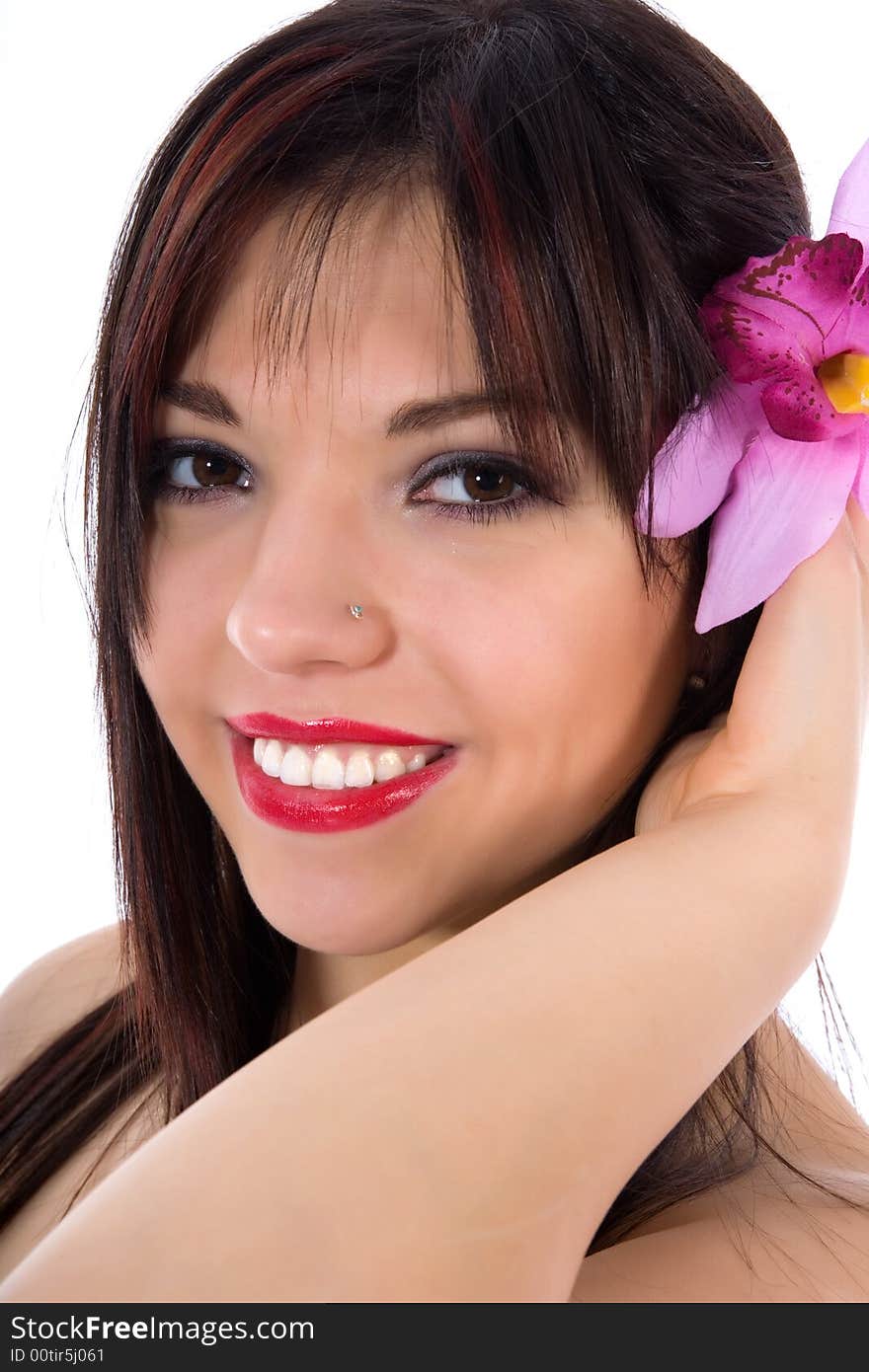 Portrait of the brunette on white background