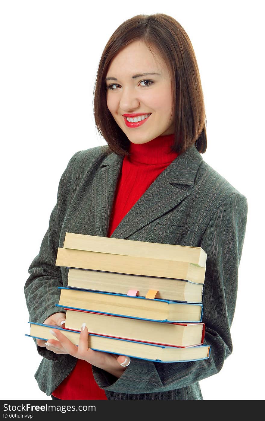 Woman with book on white background