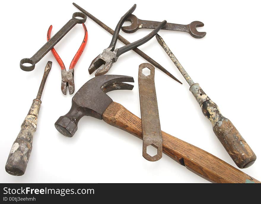 Old vintage hammer with tools laying around. Old vintage hammer with tools laying around