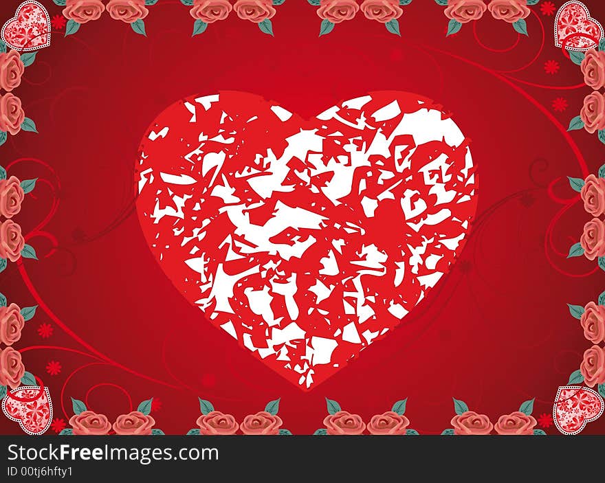 Wallpaper of red and white heart with  frame of rose