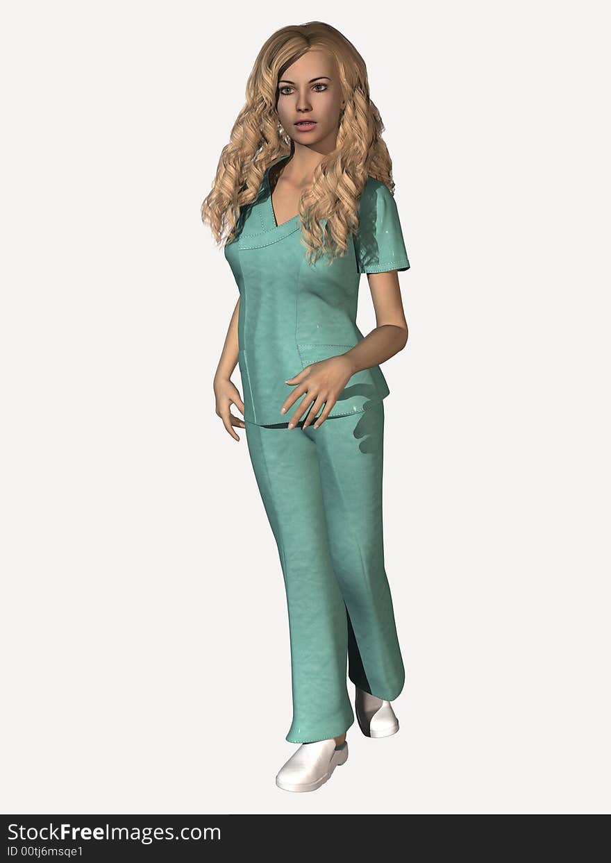 Attractive young woman in medical scrubs.  3 Dimensional model, computer generated image.