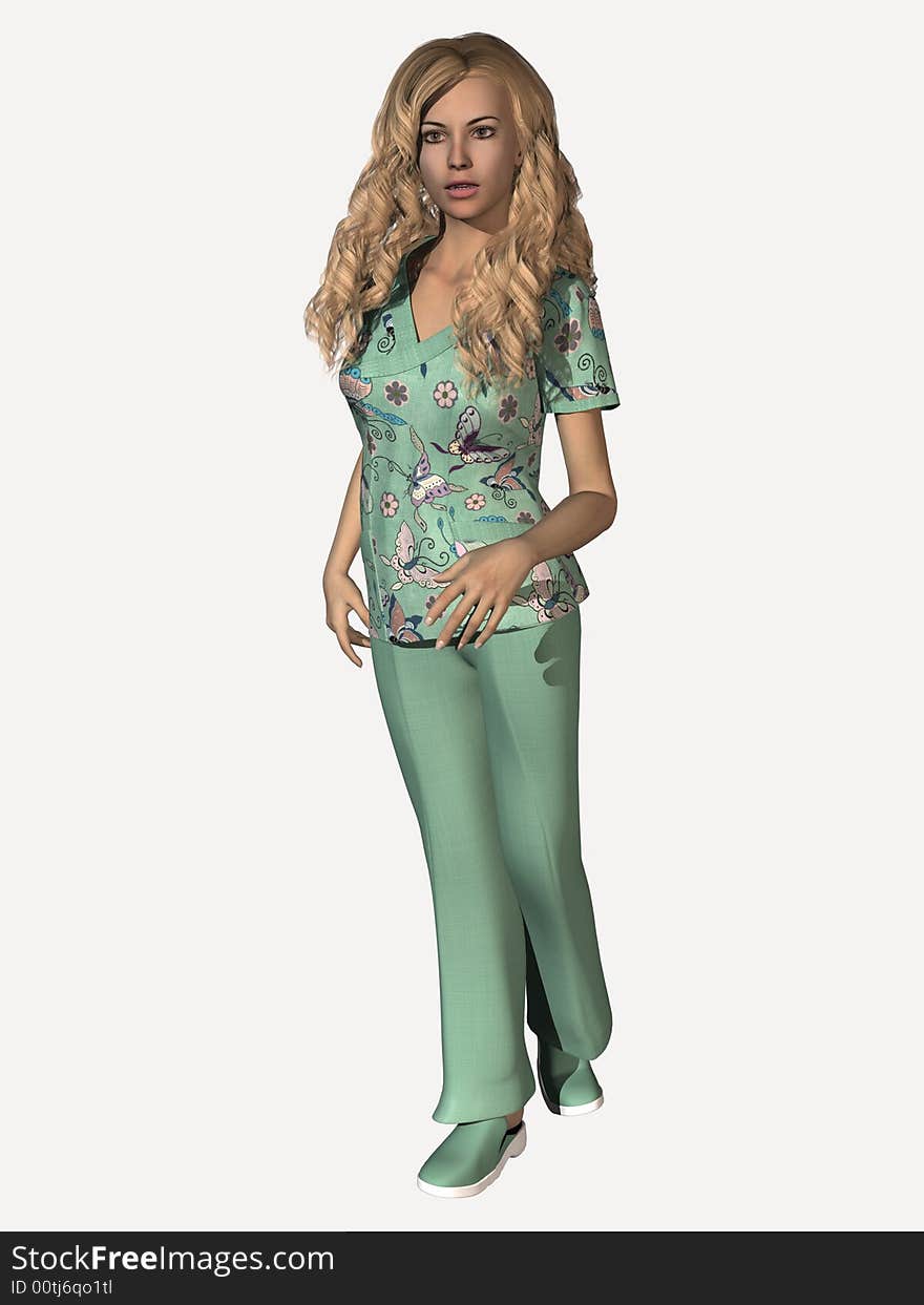 Attractive young woman in medical scrubs. 3 Dimensional model, computer generated image.