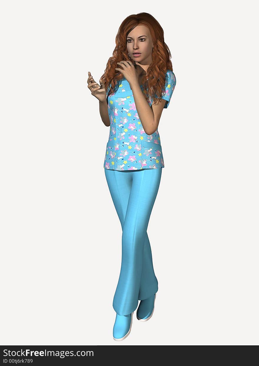 Attractive young woman in medical scrubs.  3 Dimensional model, computer generated image.