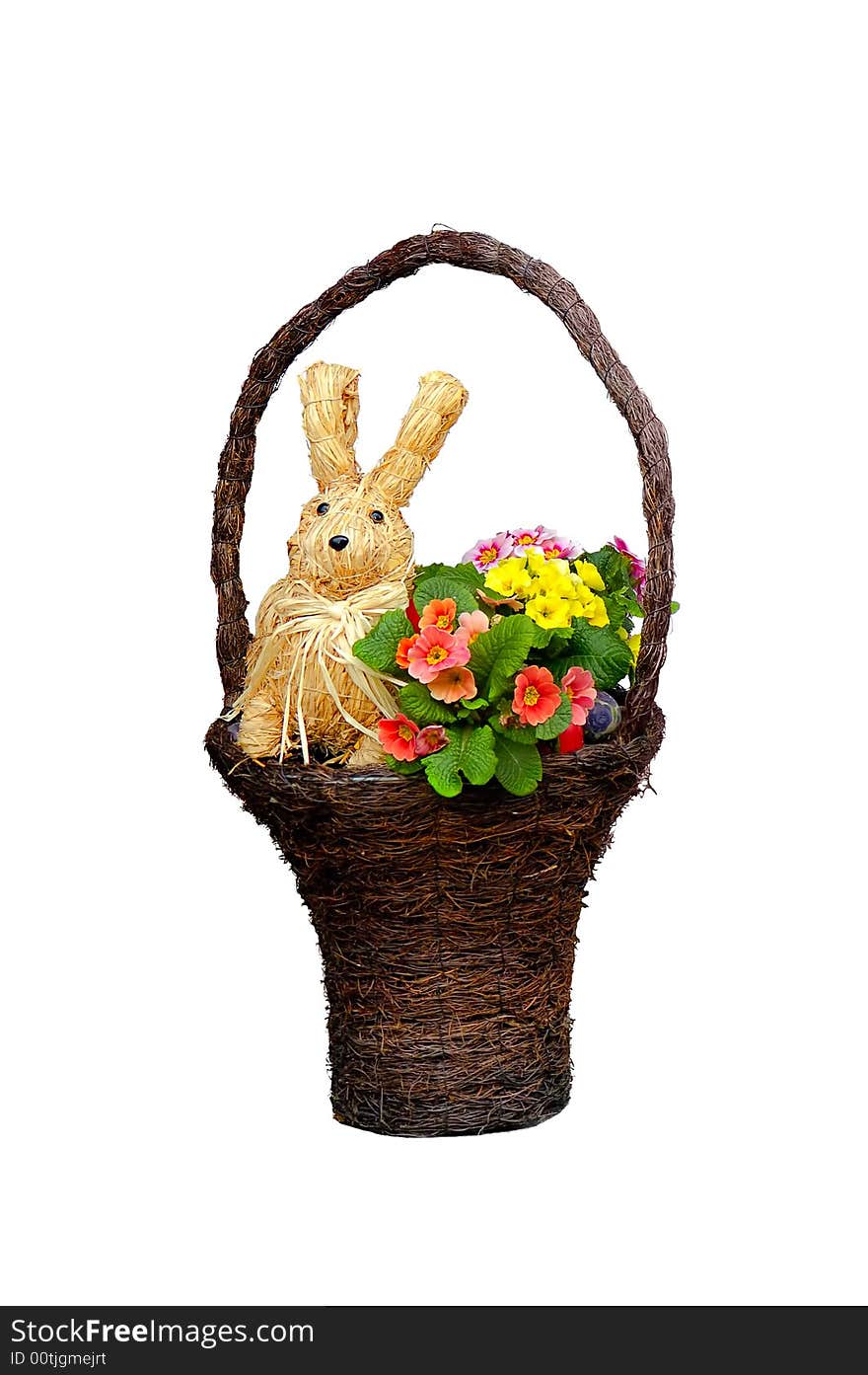 basket with flowers, bunny and eggs for Easter celebrating. basket with flowers, bunny and eggs for Easter celebrating