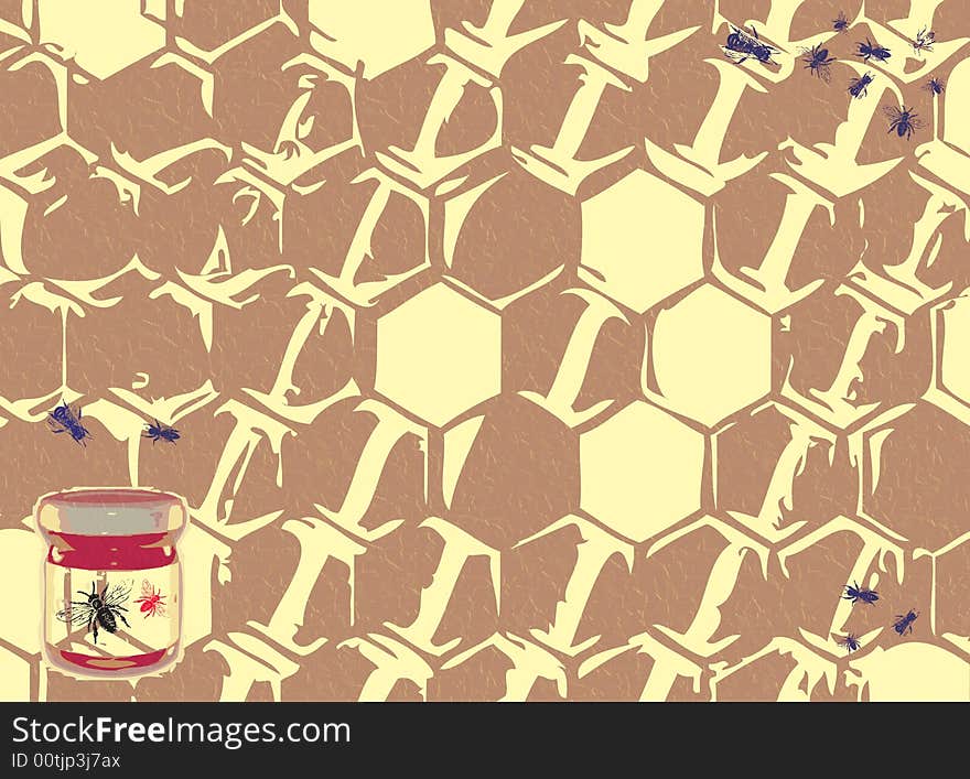 Abstract colored illustration with honey jar and working bees. Abstract colored illustration with honey jar and working bees