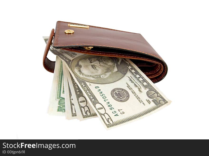 Brown leather wallet and fifty dollars denominations